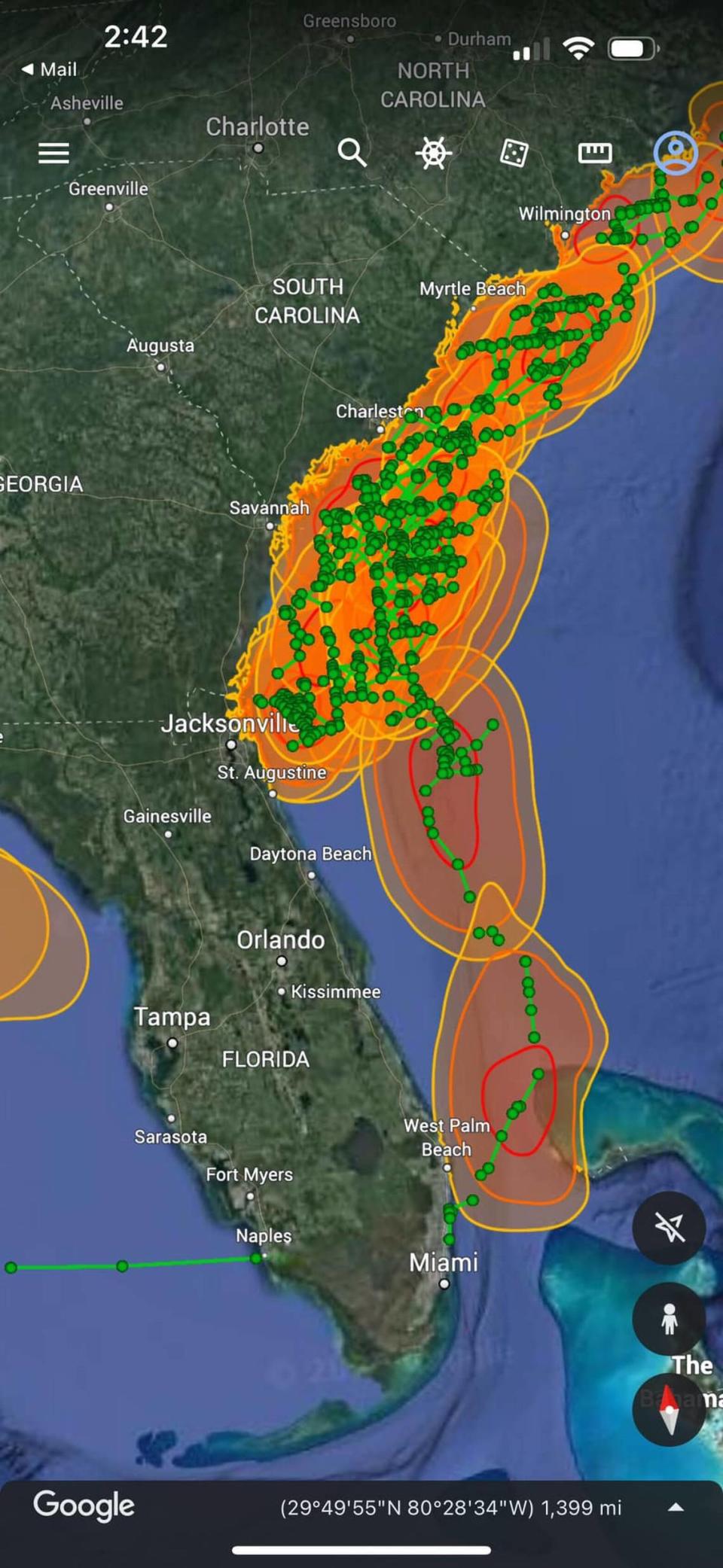 A partial map of all the places the great white shark, Grace, pinged when she arrived. In 2020, the shark tagged off Hilton Head Island by Charter Captain Chip Michalove showed a journey of about 4,000 miles in 15 months. Outcast Sport Fishing