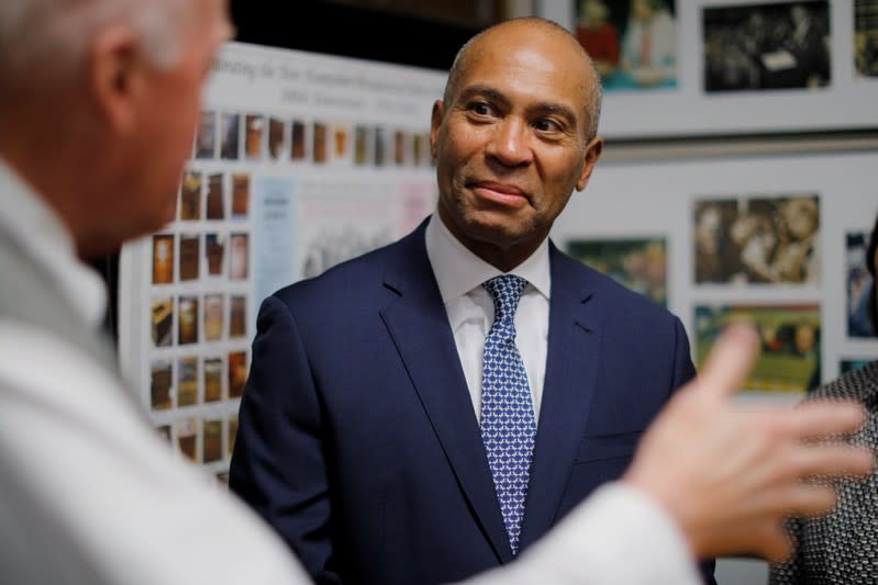 Democratic 2020 U.S. presidential candidate Patrick listens to New Hampshire Secretary of State Bill Gardner in Concord