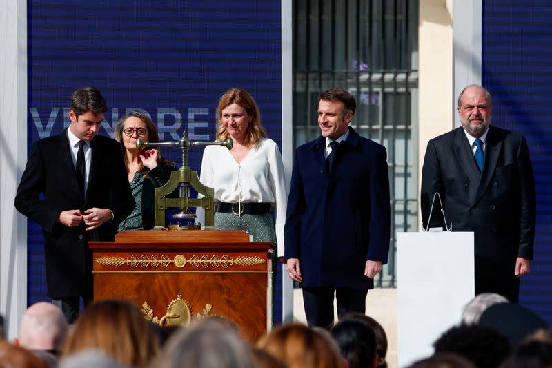 Ceremony to seal right to abortion in French constitution, on International Women's Day, in Paris