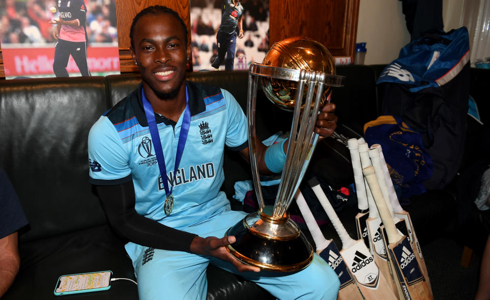 LONDON, ENGLAND - JULY 14: Jofra Archer of England celebrates in the dressing rooms after winning the Final of the ICC Cricket World Cup 2019 between England and New Zealand at Lord's Cricket Ground on July 14, 2019 in London, England. (Photo by Gareth Copley-IDI/IDI via Getty Images)