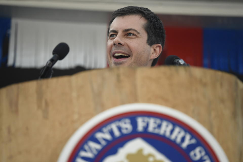 Democratic presidential candidate and South Bend, Indiana, Mayor Pete Buttigieg speaks at the Galivants Ferry Stump on Monday, Sept. 16, 2019, in Galivants Ferry, S.C. (AP Photo/Meg Kinnard)