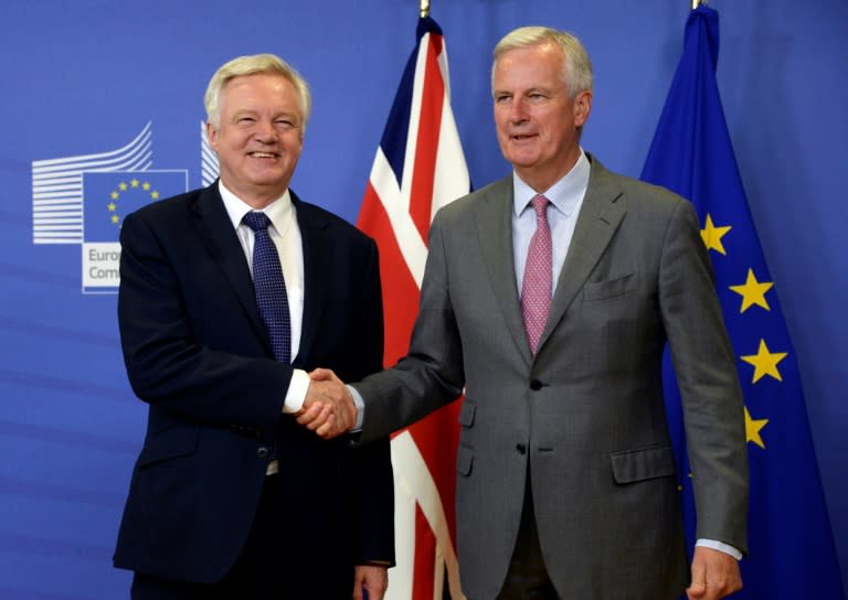Britain's Brexit minister David Davis (left) and EU Brexit negotiator Michel Barnier meet in Brussels on July 17, 2017