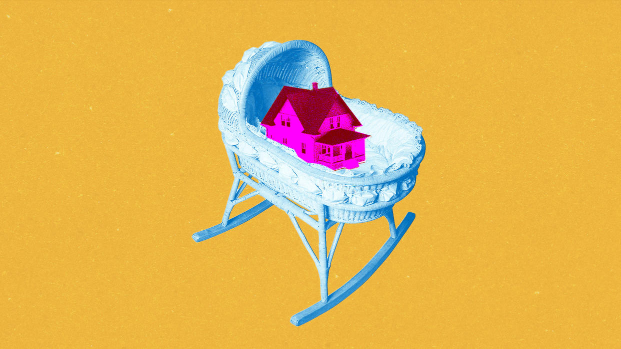 A photo illustration shows a house inside a bassinet.