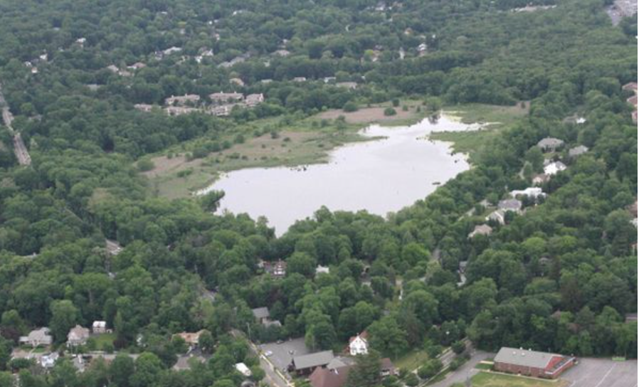 Aerial view of Allendale's Celery Farm in 2016, looking north, Archer United Methodist Church at bottom where Franklin Turnpike (left) and East Allendale Avenue meet.