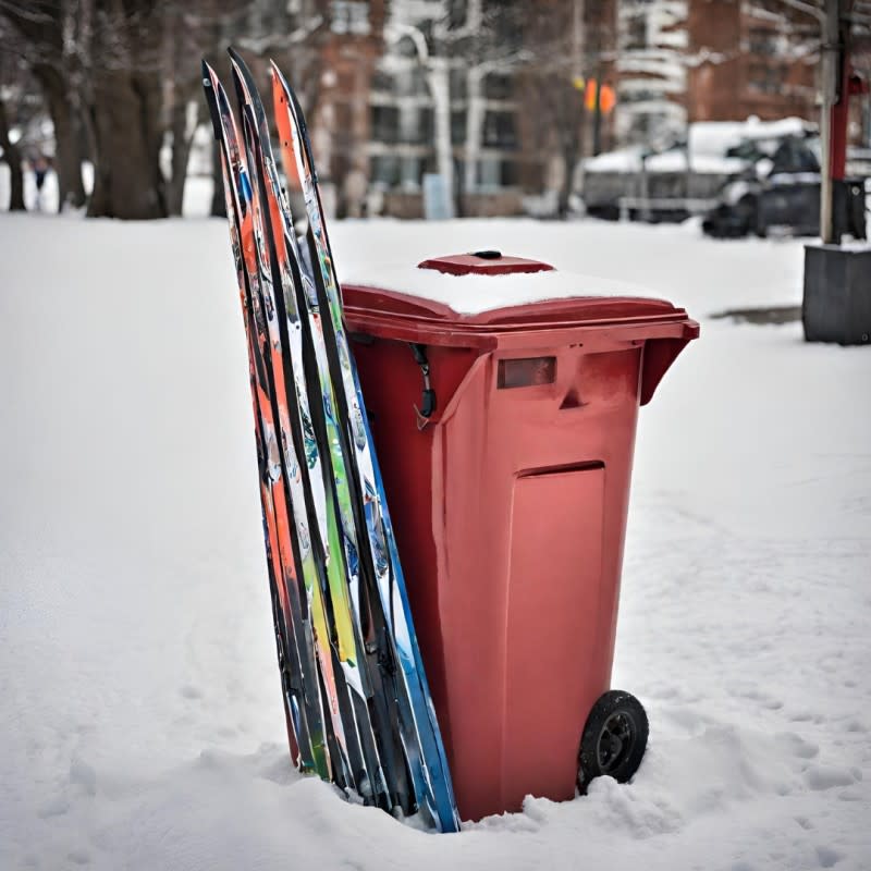 AI-generated image of a garbage can decorated with skis. You get the point...