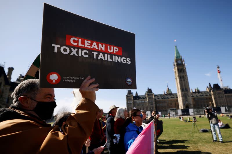 Demonstrators rally against Imperial Oil’s ongoing tailings pond leak, in Ottawa