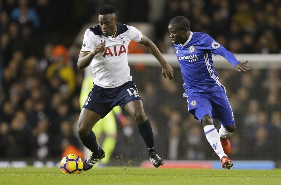 <p>Tottenham’s Victor Wanyama, left, vies for the ball with Chelsea’s N’Golo Kante during the English Premier League soccer match between Tottenham Hotspur and Chelsea at White Hart Lane stadium in London, Wednesday, Jan. 4, 2017. (AP Photo/Alastair Grant) </p>