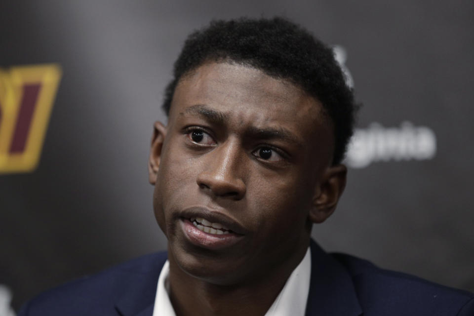 Washington Commanders first-round draft pick Emmanuel Forbes, a cornerback from Mississippi State, speaks during a news conference at the NFL football team's training facility in Ashburn, Va., Friday, April 28, 2023. (AP Photo/Luis M. Alvarez)