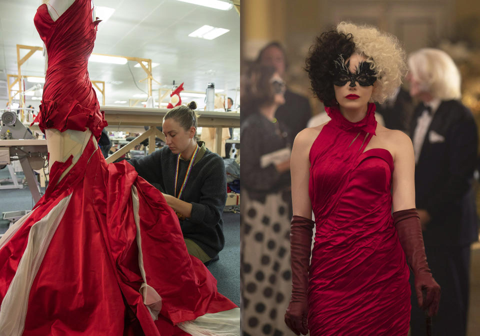 This combination of images released by Disney shows a seamstress working on a costume for the film "Cruella," left, and Emma Stone wearing the costume in a scene from "Cruella." Costumes for the film were designed by Oscar winning designer Jenny Beavan. (Laurie Sparham/Disney via AP)