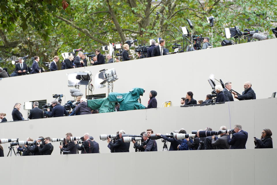 <p>Members of the media outside Westminster Abbey on the day of the state funeral of Queen Elizabeth II. (PA)</p> 