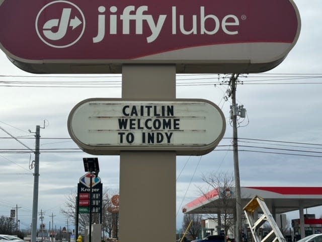 Jiffy Lube message boards across the Indianapolis area are welcoming Caitlin Clark, the University of Iowa basketball star who has declared for the 2024 WNBA draft.