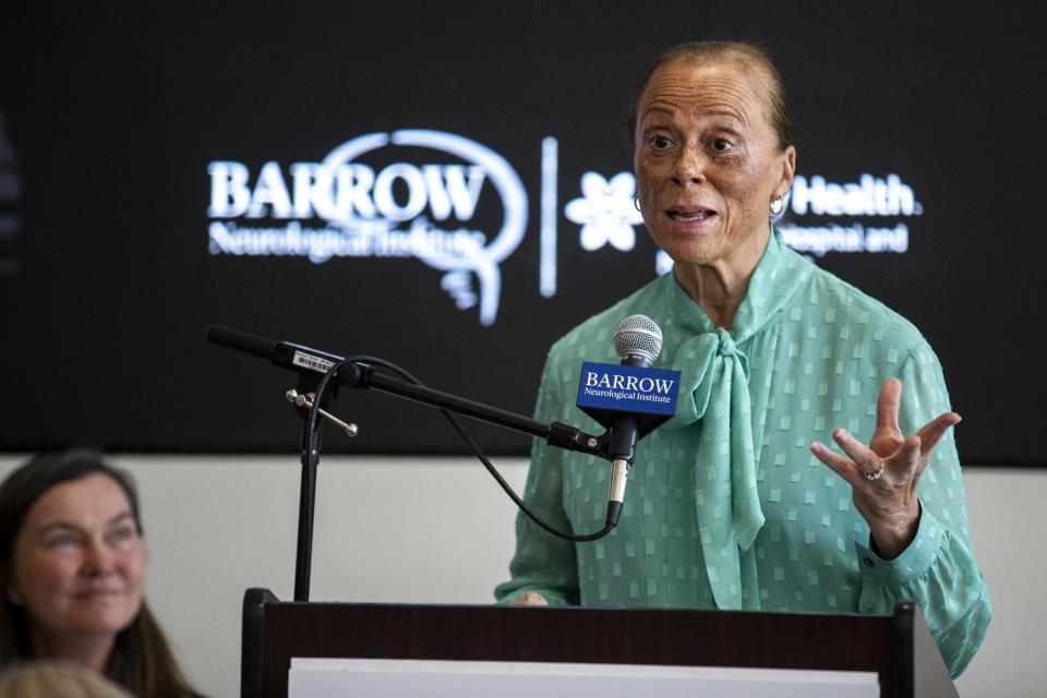 Lonnie Ali, widow of Muhammad Ali, speaks during a ceremony for the naming of Muhammad Ali Way on Monday, June 3, 2019, at Barrow Neurological Institute in Phoenix.