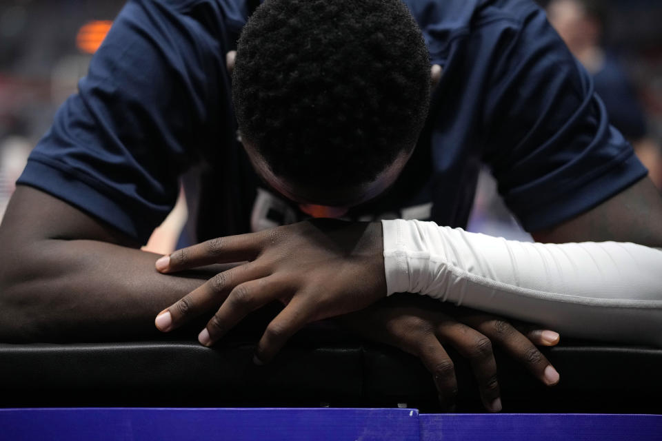 France guard Yakuba Ouattara reacts during a warm up session before the start of the Basketball World Cup classification match between France and Iran at the Indonesia Arena stadium in Jakarta, Indonesia, Thursday, Aug. 31, 2023. (AP Photo/Dita Alangkara)