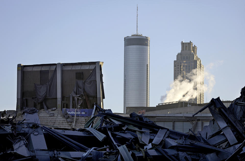 <p>The upper seats of the Georgia Dome remain standing after the stadium was imploded in Atlanta, Monday, Nov. 20, 2017. The dome was not only the former home of the Atlanta Falcons but also the site of two Super Bowls, 1996 Olympics Games events and NCAA basketball tournaments among other major events. (AP Photo/David Goldman) </p>