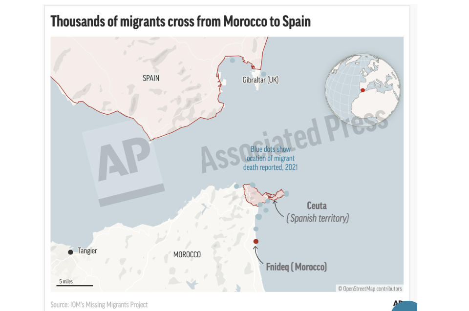 This preview image of an AP digital embed shows Location of Ceuta, Spanish territory on the African continent. Ceuta has awakened to a humanitarian crisis after thousands of migrants have crossed over from Morocco to find shelter.(AP Digital Embed)