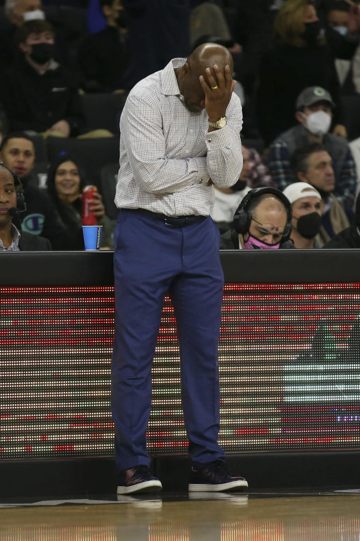 St. John's head coach Mike Anderson reacts to a call during the second half of an NCAA college basketball game against Providence on Saturday, Jan. 8, 2022, in Providence, R.I. (AP Photo/Stew Milne)