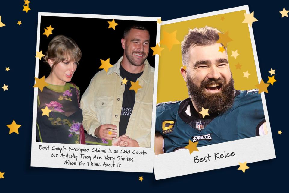 A Polaroid of Taylor Swift and Travis Kelce, with the caption "Best Couple Everyone Claims Is an Odd Couple But Actually They Are Very Similar, When You Think About It." Next to it, another Polaroid, of Jason Kelce, with the caption "Best Kelce."