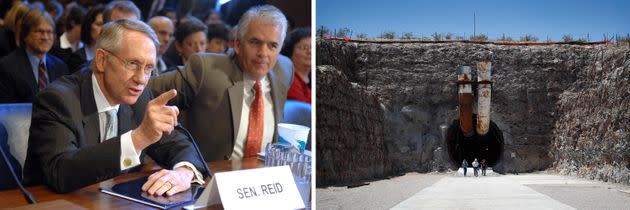 Senate Majority Leader Harry Reid (D-Nev.), left, and Sen. John Ensign (R-Nev.) testify at a hearing on the Yucca Mountain Nuclear Waste Project on Oct. 31, 2007. Right: In this July 14, 2018, file photo, people leave the south portal of Yucca Mountain during a congressional tour near Mercury, Nevada. (Photo: Tom Williams/Roll Call/Getty Images/John Locher via AP)