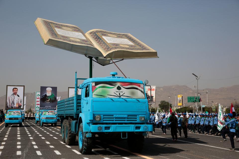 Graduate students take part in a parade in support of the Houthi movement in Sanaa, Yemen on June 9.