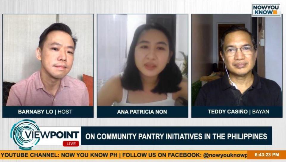 CBS News' Barnaby Lo (left) speaks with community pantry organizers Ana Patricia Non and Teddy Casiño about their efforts to feed hungry Filipinos amid the COVID-19 epidemic in their country on his show 