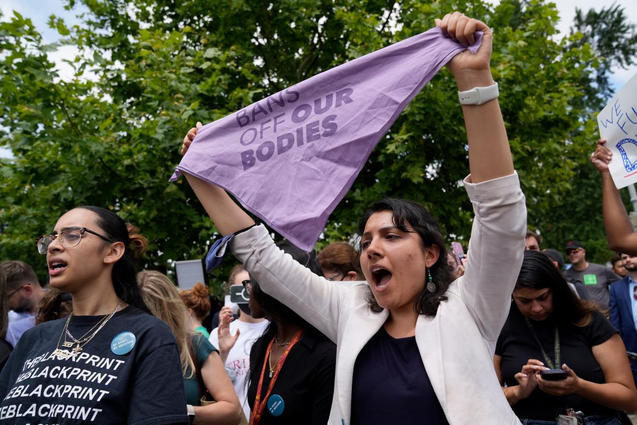 Demonstrators react outside the Supreme Court on June 24 after the decision in Dobbs v. Jackson Women's Health Organization overturning the landmark 1973 Roe v. Wade decision that established a constitutional right to abortions.