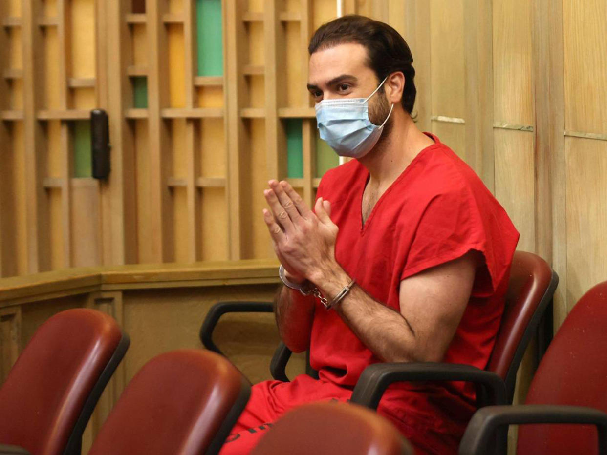 Pablo Lyle, gestures gratitude towards family members as they appeared in court. Judge Maria Tinkler Mendez ruled against a new trial for Mexican actor Pablo Lyle as he, his family, lawyers, and members of the media gathered in Courtroom 4-6 at the Richard E. Gerstein Justice Building in Miami, Florida on Monday, Dec. 12, 2022. (Carl Juste/Miami Herald/Tribune News Service via Getty Images)