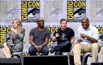 <p>Sylvia Hoeks, Lennie James, and producers Andrew A. Kosove and Broderick Johnson at the Warner Bros. Pictures presentation at Comic-Con on July 22, 2017 in San Diego. (Photo: Kevin Winter/Getty Images) </p>