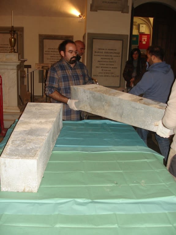 Zinc boxes holding the remains of Giovanni dalle Bande Nere and his wife Maria Salviati