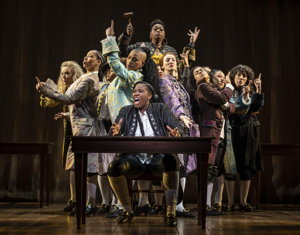 This image released by Polk & Co. shows the company during a performance of Roundabout Theatre Company's "1776" in New York. ( Joan Marcus/Polk & Co. via AP)