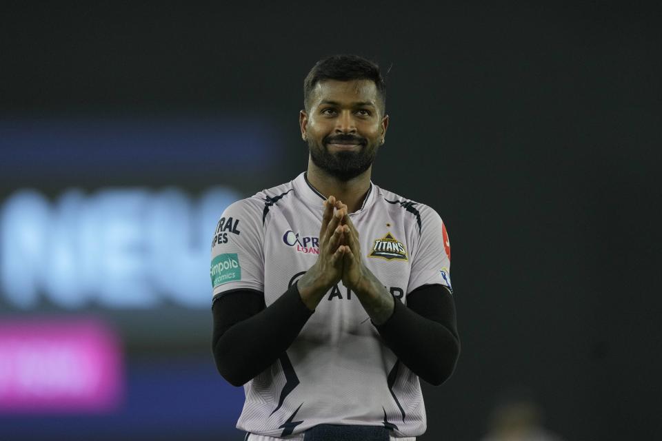 Gujarat Titans' Hardik Pandya gestures towards spectators during the Indian Premier League cricket match between Gujarat Titans and Sunrisers Hyderabad in Ahmedabad, India, Monday, May 15, 2023. (AP Photo/Ajit Solanki)