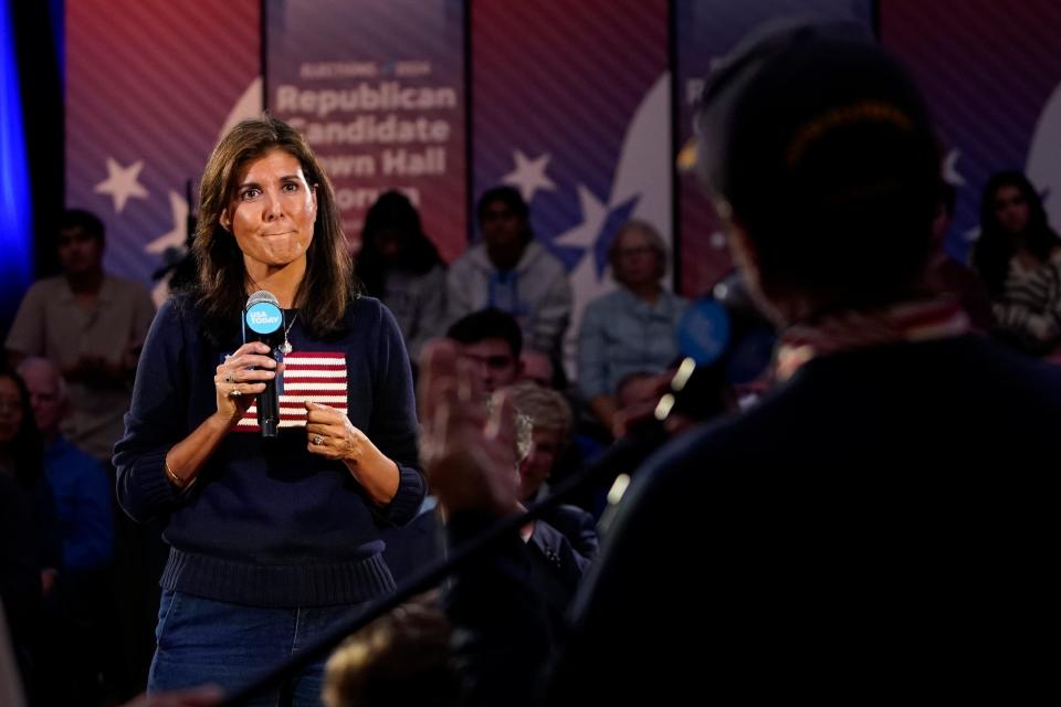 Republican presidential candidate Nikki Haley speaks during the Seacoast Media Group and USA TODAY Network 2024 Republican Presidential Candidate Town Hall Forum held in the historic Exeter Town Hall in Exeter, New Hampshire. The former Governor of South Carolina and former United States Ambassador to the United Nations spoke to prospective New Hampshire voters about issues during the hour-long form.