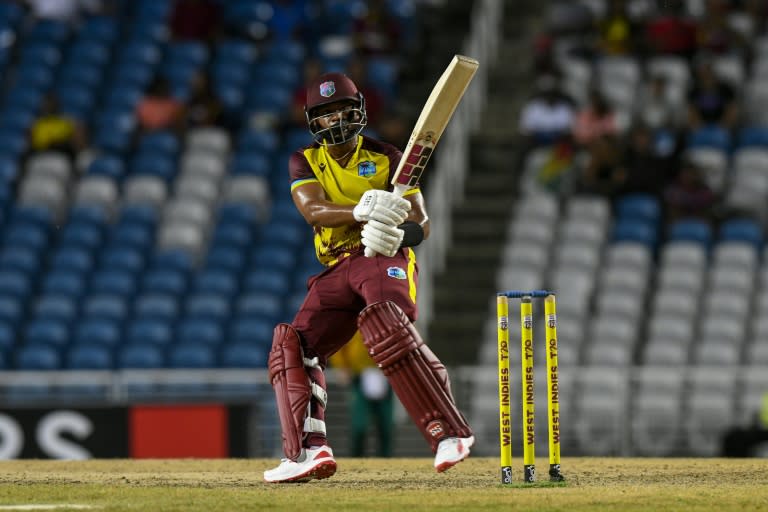 Shai Hope hits a four on his way to an unbeaten 42 in West Indies victory over South Africa (Randy Brooks)