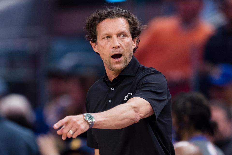 Quin Snyder reacts while coaching the Utah Jazz during an April 2, 2022 game.