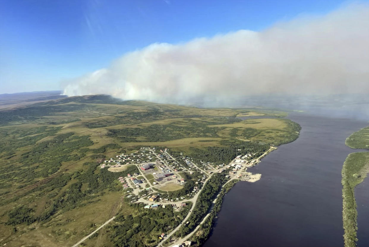 This aerial photo shows a tundra fire burning near the community of St. Mary's, Alaska, on June 10, 2022. (Ryan McPherson/Bureau of Land Management Alaska Fire Service via AP)