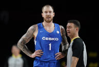 Czech Republic's Patrik Auda (1) reacts after been called for a foul during men's basketball game against Iran at the 2020 Summer Olympics, Sunday, July 25, 2021, in Saitama, Japan. (AP Photo/Charlie Neibergall)