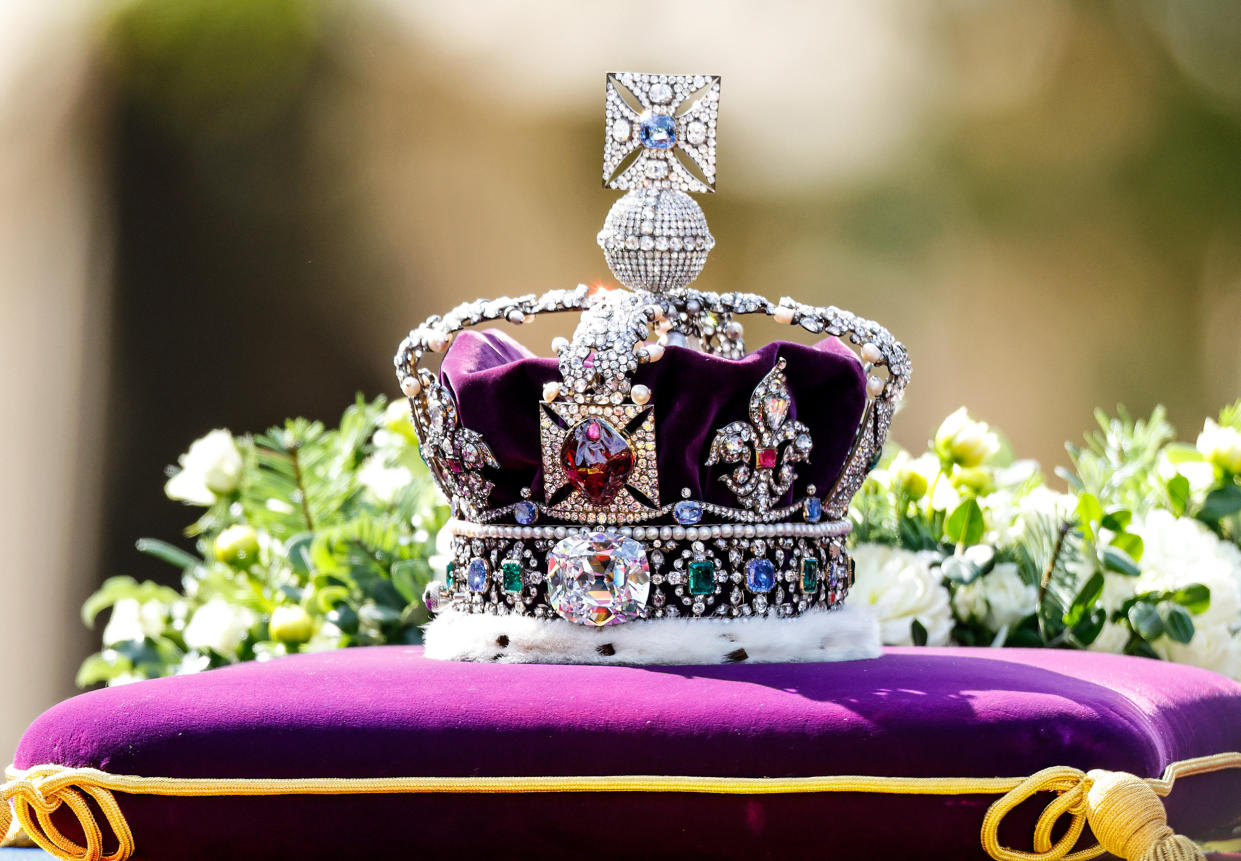 The Imperial State Crown sits on top of Queen Elizabeth II's coffin on Sept. 14, 2022 in London. (Max Mumby / Indigo / Getty Images file)