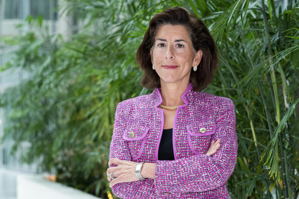 In this Tuesday, Sept. 28, 2021, photo Commerce Secretary Gina Raimondo poses for a photograph with her Bulova watch. As President Joe Biden's de facto tech minister, Raimondo is tasked with ensuring the United States will be the world leader in computer chips. The lowly computer chip has become the essential ingredient for autos, medical devices, computers, phones, toys, thermostats, washing machines, weapons, LED bulbs, and even some watches. But there is a global shortage, creating a drag on growth and fueling inflation on the cusp of the 2022 elections. (AP Photo/Alex Brandon)