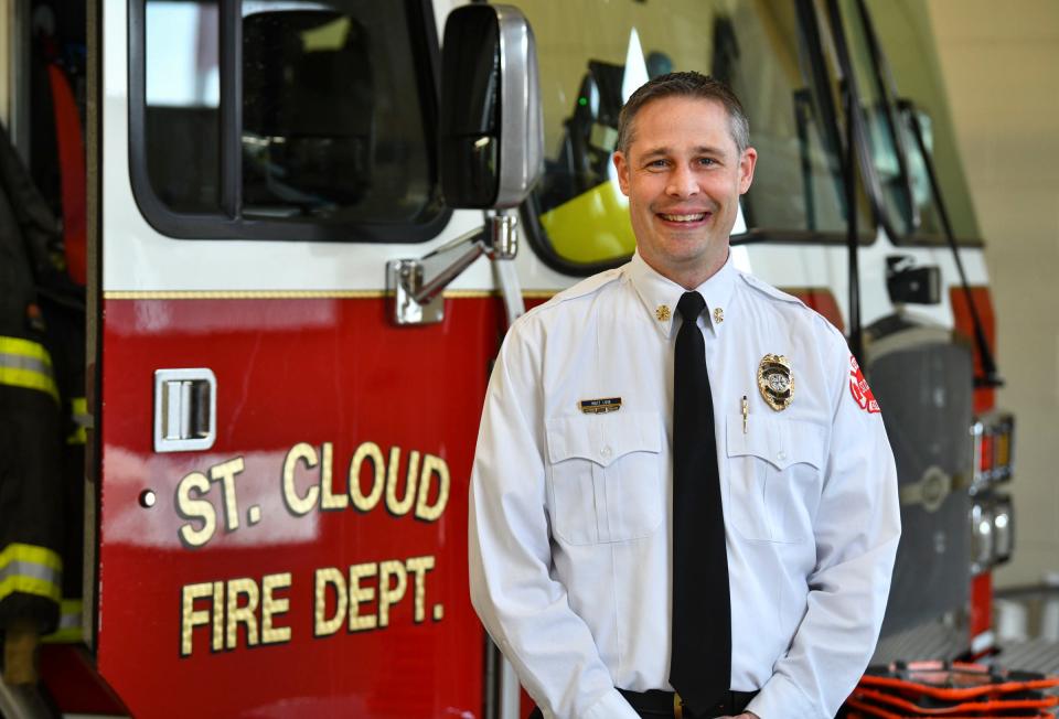 New St. Cloud Fire Chief Matt Love is pictured near one of the department's trucks Tuesday, March 29, 2022, at Station One in St. Cloud. 