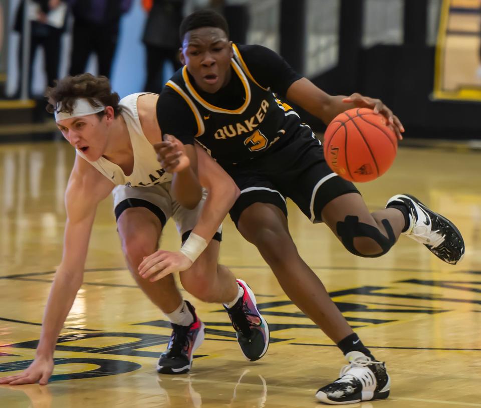 Quaker Valley's Adou Thiero drives to the basket on Jan. 29 in a game against Highlands at Montour High School.