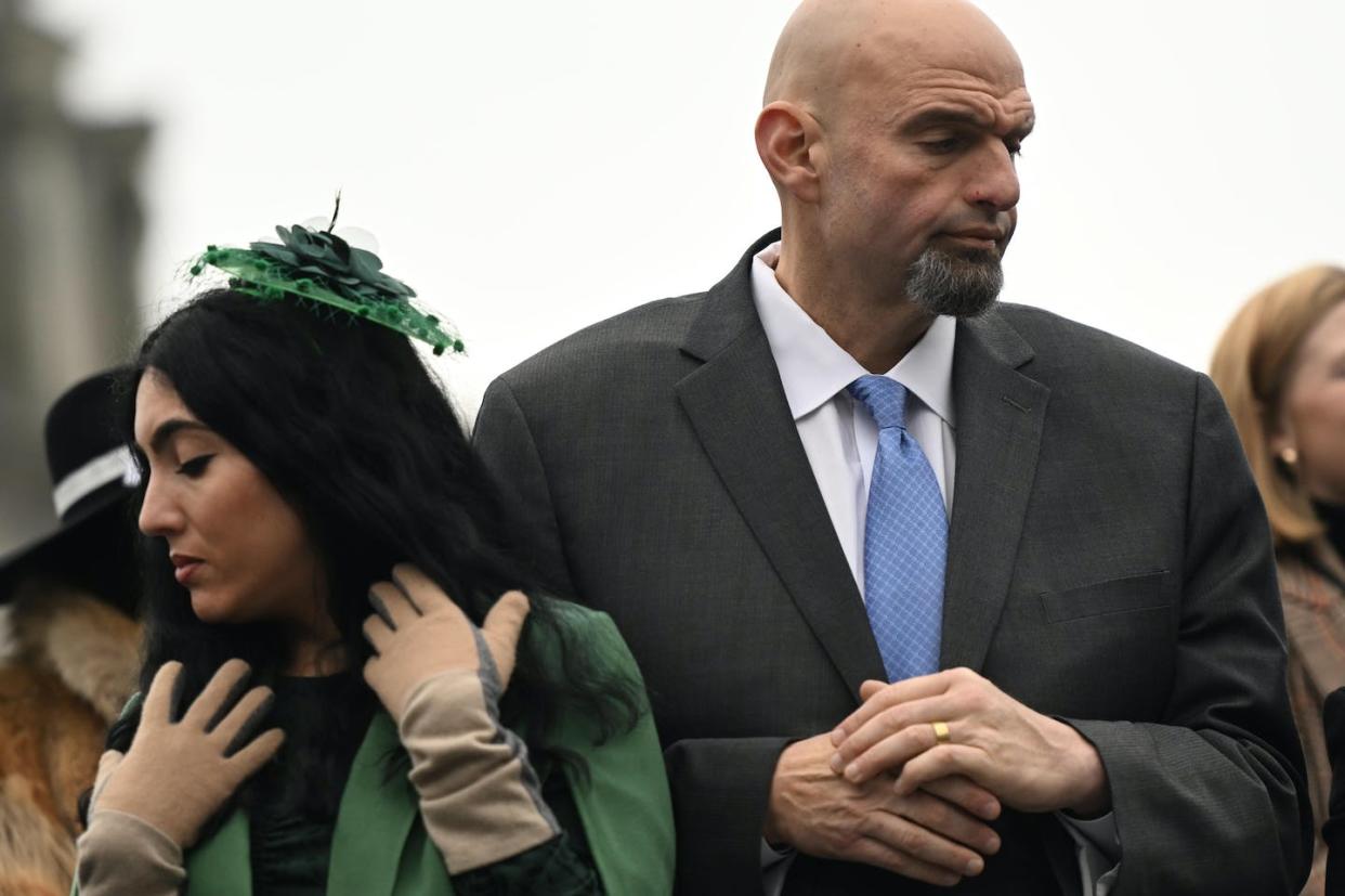 Pennsylvania Sen. John Fetterman, right, with his wife, Gisele Barreto Fetterman. <a href="https://www.gettyimages.com/detail/news-photo/senator-john-fetterman-and-his-wife-gisele-barreto-news-photo/1246307638?phrase=John%20Fetterman%20&adppopup=true" rel="nofollow noopener" target="_blank" data-ylk="slk:Mark Makela/Getty Images;elm:context_link;itc:0;sec:content-canvas" class="link ">Mark Makela/Getty Images</a>