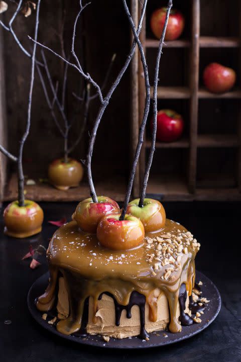 <p>This candy apple-inspired cake is the fall dessert of your dreams. </p><p><strong>Get the recipe at <a rel="nofollow noopener" href="http://www.halfbakedharvest.com/salted-caramel-apple-snickers-cake/#comments" target="_blank" data-ylk="slk:Half Baked Harvest;elm:context_link;itc:0;sec:content-canvas" class="link ">Half Baked Harvest</a>.</strong></p>