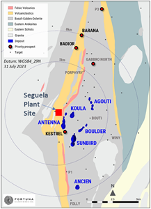 Séguéla Mine location plan highlighting key exploration prospects