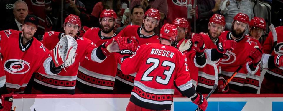 The Carolina Hurricanes Stefan Noesen (23) skates to the bench after scoring in the third period to tie the Florida Panthers 2-2 during Game 1 of the Eastern Conference Finals on Thursday, May 18, 2023 at PNC Arena in Raleigh, N.C.