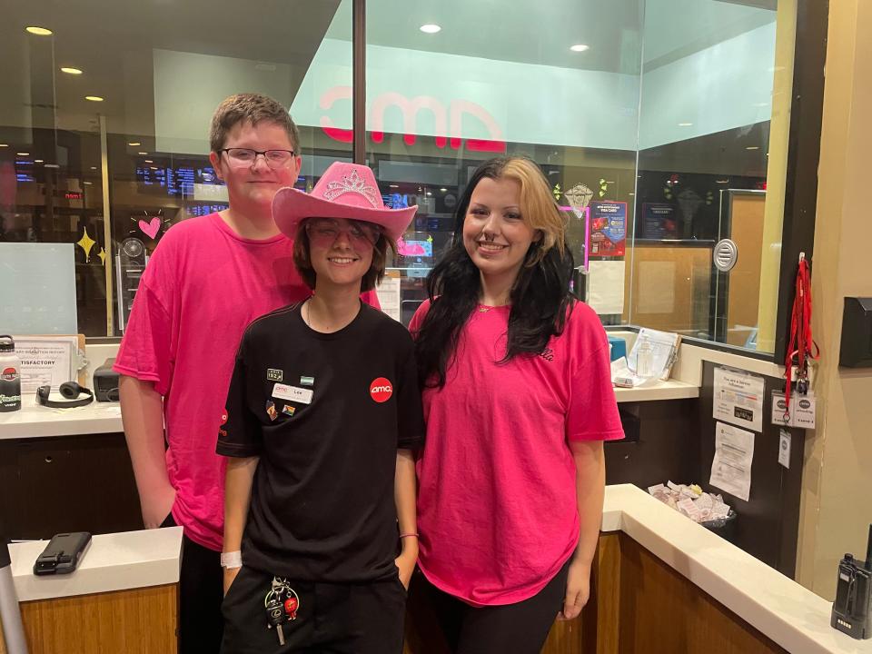 Deptford, NJ AMC 8 employees Mark Hurley, Lee Vatsev and Arabella Otero wear their pink for 'Barbie' July 25, 2023