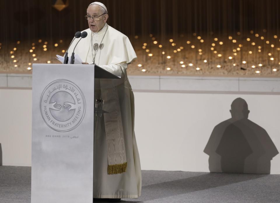 Pope Francis delivers his speech during an Interreligious meeting at the Founder's Memorial in Abu Dhabi, United Arab Emirates, Monday, Feb. 4, 2019. Pope Francis arrived in Abu Dhabi on Sunday. His visit represents the first papal trip ever to the Arabian Peninsula, the birthplace of Islam. (AP Photo/Andrew Medichini)