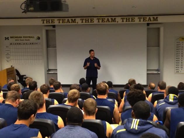 Tom Brady Introduced as Honorary Captain, Today's honorary caption =  G.O.A.T. #GoBlue, By Michigan Football