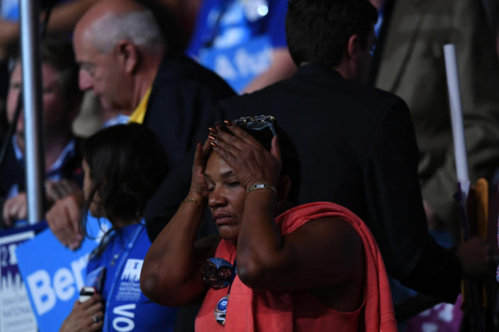 <p><b><br></b>A supporter cries as Senator Bernie Sanders addresses the Democratic National Convention in Philadelphia on July 25, 2016. (Toni L. Sandys/The Washington Post via Getty Images)</p>