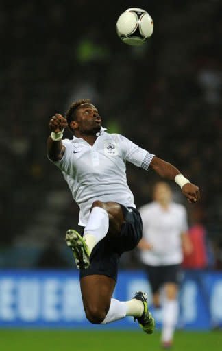 French striker Louis Saha plays the ball during the International friendly football match Germany vs France in the northern German city of Bremen. France won 2-1