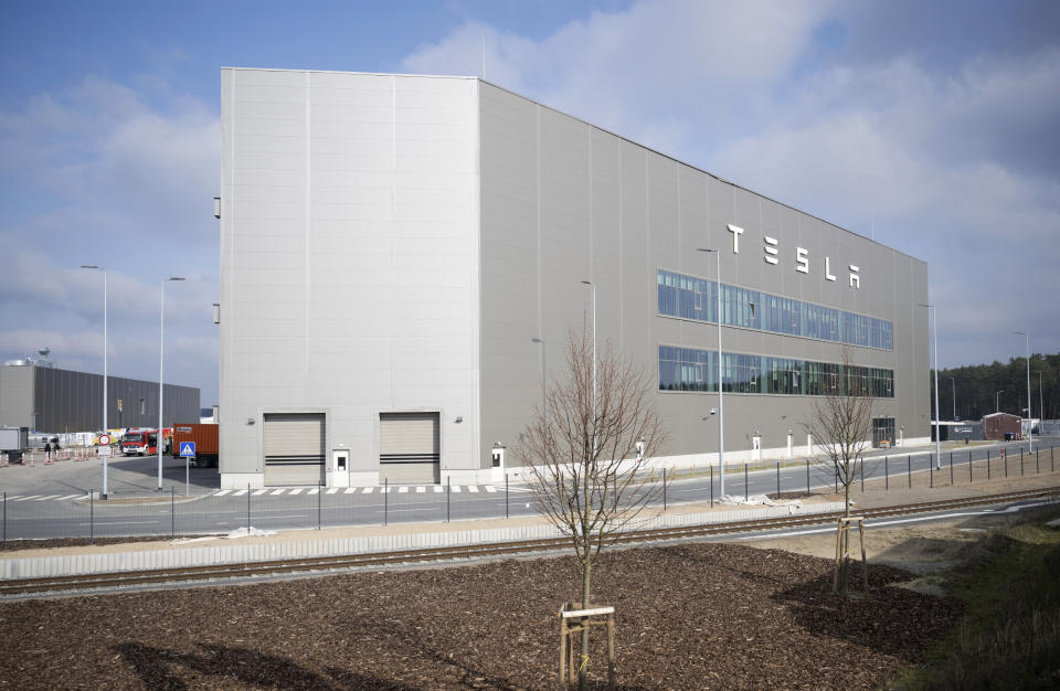 A view of the Tesla car factory after production came to a standstill and workers were evacuated following a power outage, in Grünheide, Germany, Tuesday, March 5, 2024. (Sebastian Gollnow/dpa via AP)