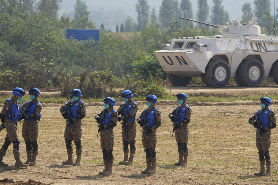 United Nations troops from Pakistan take part in the Shared Destiny 2021 drill at the Queshan Peacekeeping Operation training base in Queshan County in central China's Henan province Wednesday, Sept. 15, 2021. Peacekeeping troops from China, Thailand, Mongolia and Pakistan took part in the 10 days long exercise that field reconnaissance, armed escort, response to terrorist attacks, medical evacuation and epidemic control. (AP Photo/Ng Han Guan)